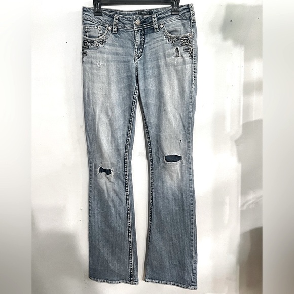 Silver Flared Vintage Embroidered Jeans - Picture 3 of 4